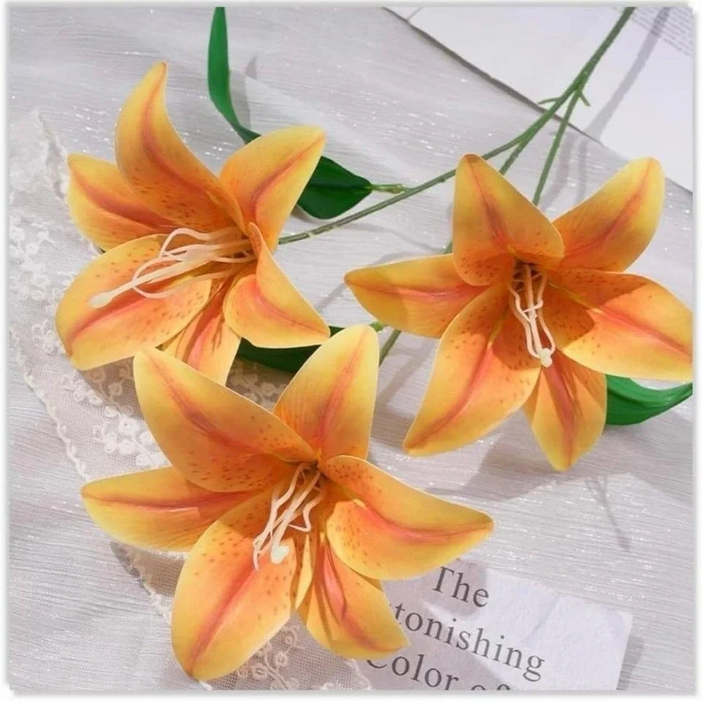 3 Pcs Fake Flowers Lily Silk Flowers for Home Decorations Orange